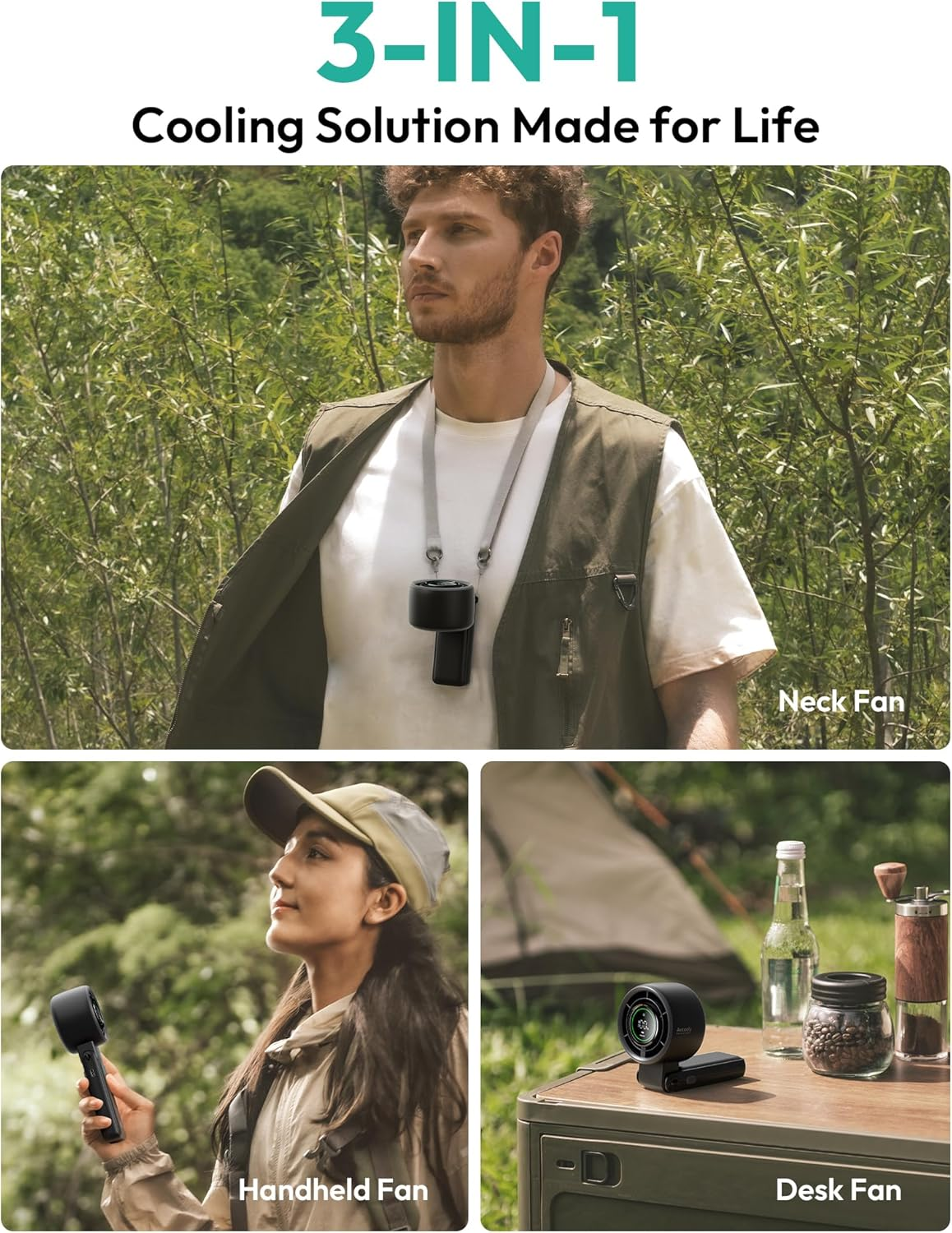 Aecooly 3 in 1 Portable Fan, Turbo Handheld Fan, USB Rechargeable Mini Personal [22H Max Cooling Time], Battery Powered Small Foldable Pocket for Travel Essentials, Gifts for Women, Girls - Black image number 6