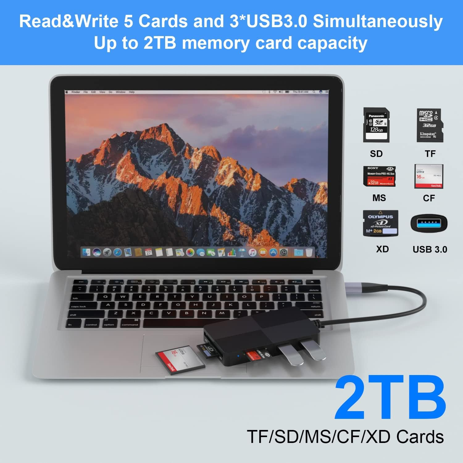 USB C USB3.0 Multi Card Reader Hub, USB 3.0 Memory Card Adapter with Multiport Hub of 3 USB3.0, 5 Memory Cards for XD, CF, MS, SDXC, SDHC, MMC, Micro SDXC, Microsd, Micro SDHC, UHS-I image number 3