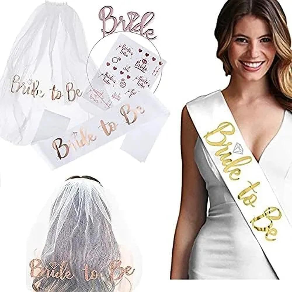 Hens Party Decorations & Bridal Shower Decorations Set, Bride to Be Accessories with Wedding Sash, Rose Gold 3D Bride Headband, Classic Veil, Temporary Tattoo - Ermaoo image number 4