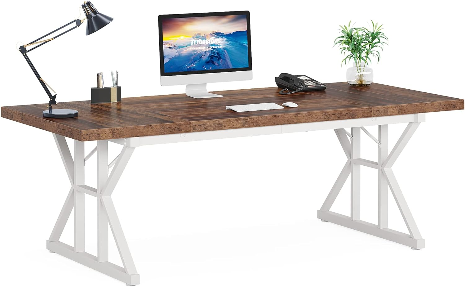 Tribesigns 180 Cm Executive Desk, Large Computer Desk Workstation, Modern Simple Style Office Desk Study Writing Table, Business Working Desk for Home Office (Brown/White, Desk 80Cm Depth) image number 2