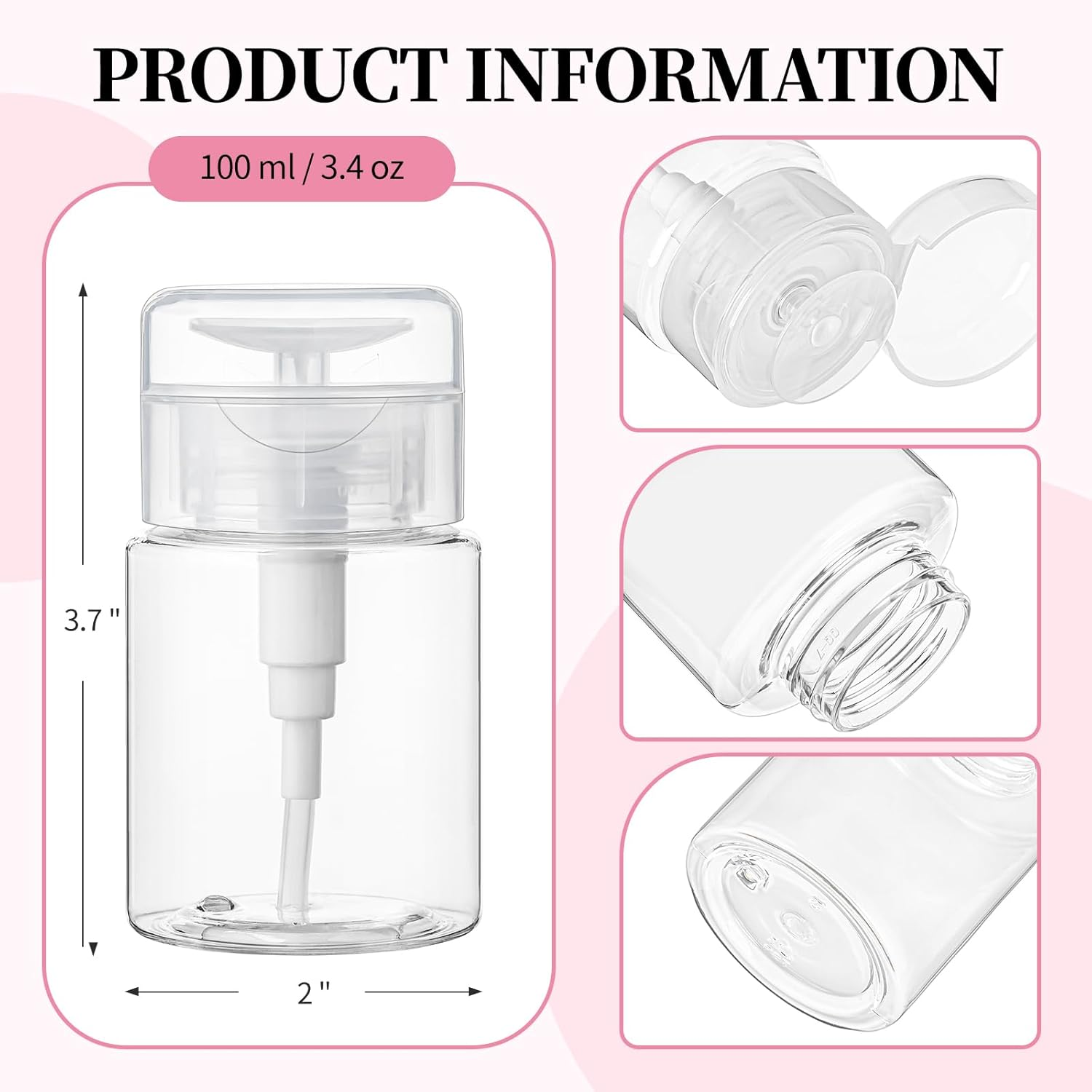 TUZAZO 3 Pack Push down Pump Bottle Dispenser for Makeup Remover, Facial Toner, Micellar Water, Alcohol, Nail Polish Remover Empty Push Top Bottles Containers 3.4Oz/100Ml image number 1