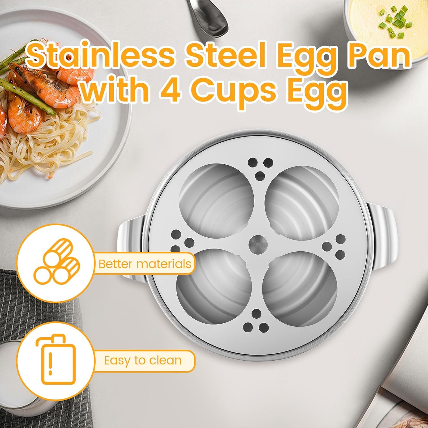 MFAUCAZB Stainless Steel Egg Poacher, 4-Cup Poached Egg Pan with Glass Lid, Induction Cooker Compatible, Easy to Store and Clean image number 6
