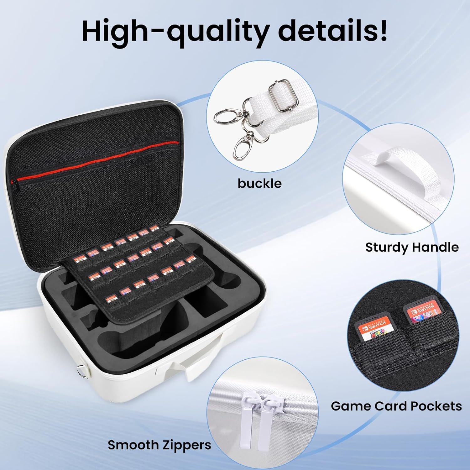 Carrying Case for Switch 2 [White] &ndash; Large Capacity Travel Storage Bag, Compatible with 2025 Switch Model, Shockproof Waterproof EVA Hard Shell, Lightweight with Handle Strap for Console & Accessories image number 5