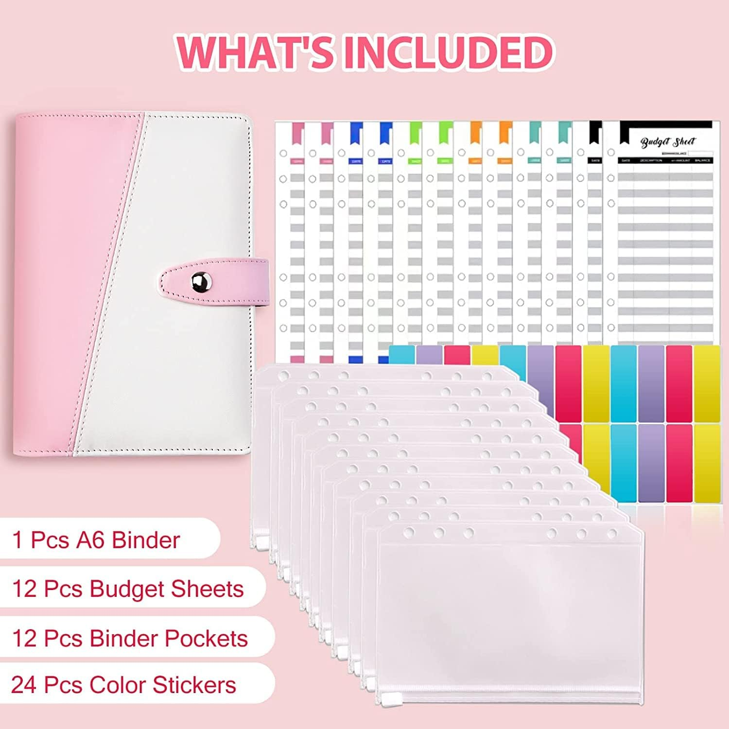 Budget Binder - A6 Size with Zipper Envelopes, 12Pcs Budget Planner and Cash Envelopes (Pink-White) image number 6
