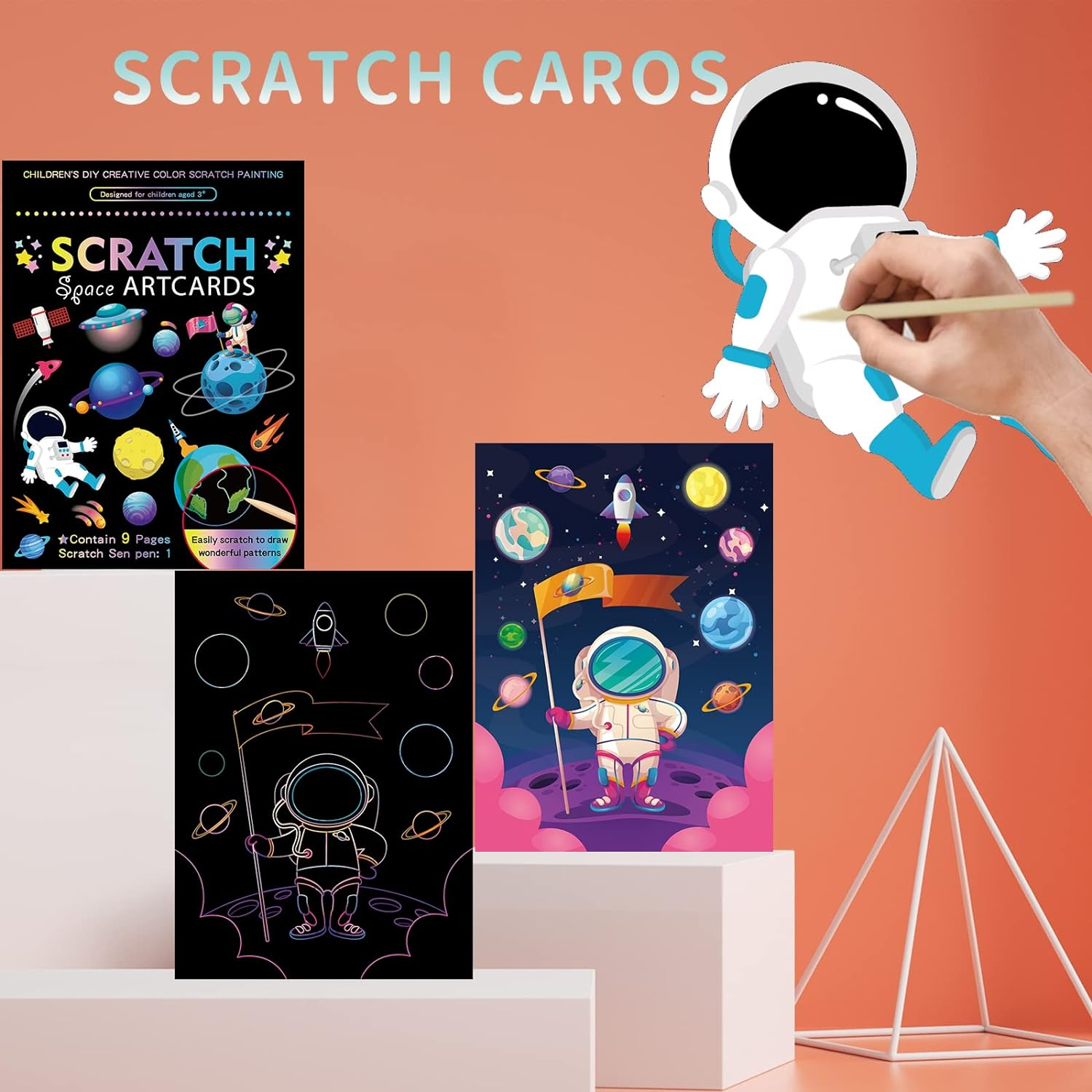 3 Set Magic Scratch Paper Art, Colorful Magic Drawing Art Book with 3 Scratch Pen for Kids, Dinosaurs/Underwater World/Spaceman - White image number 2