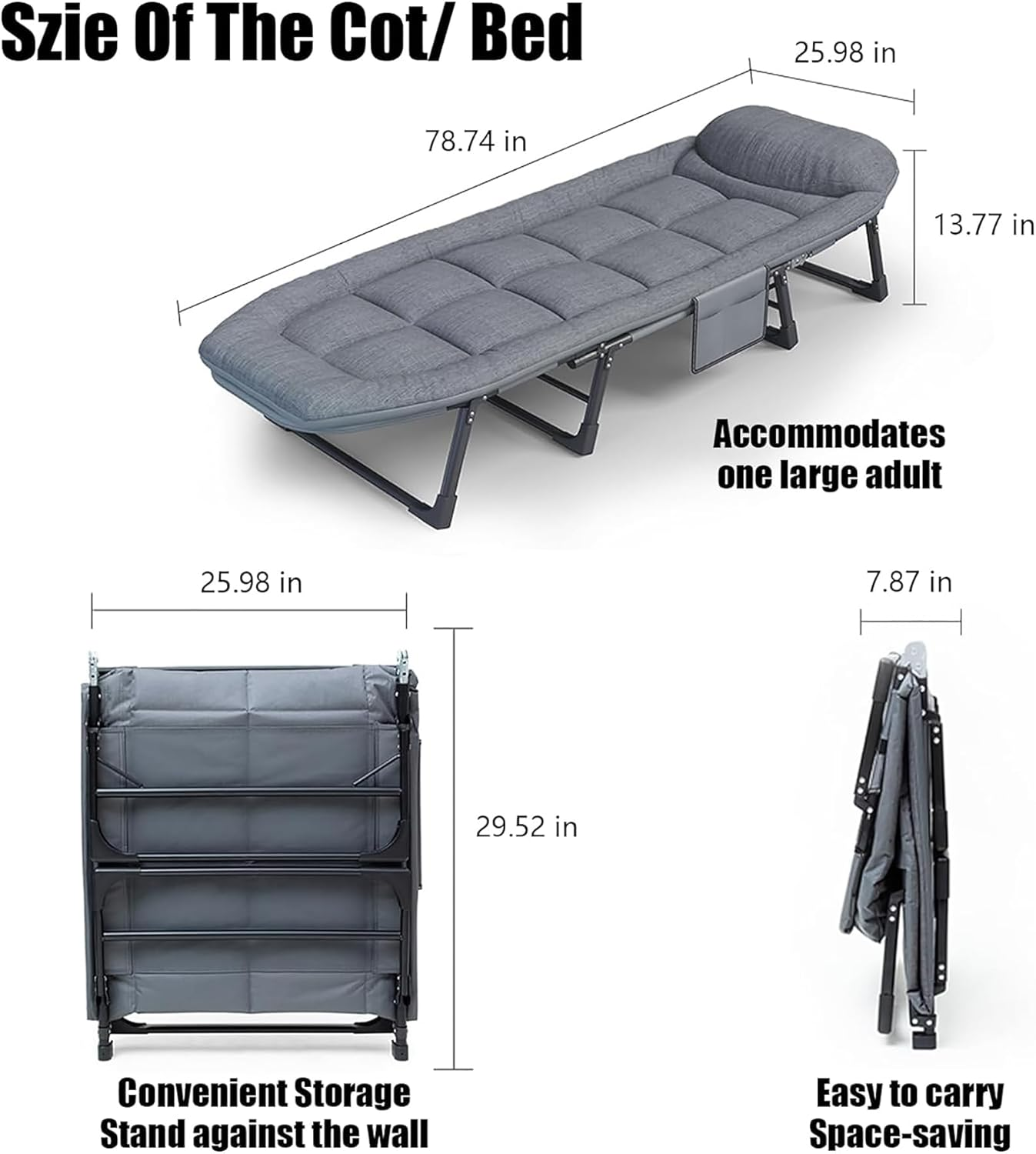 Camping Cot with Mattress for Adults, Adjustable 6-Position Folding Cot with Cushion and Pillow, Heavy Duty Outdoor Bed for Camp, Travel, Beach, Patio, Office, Home Naps, Supports 200Kg,190Cm-66Cm image number 6