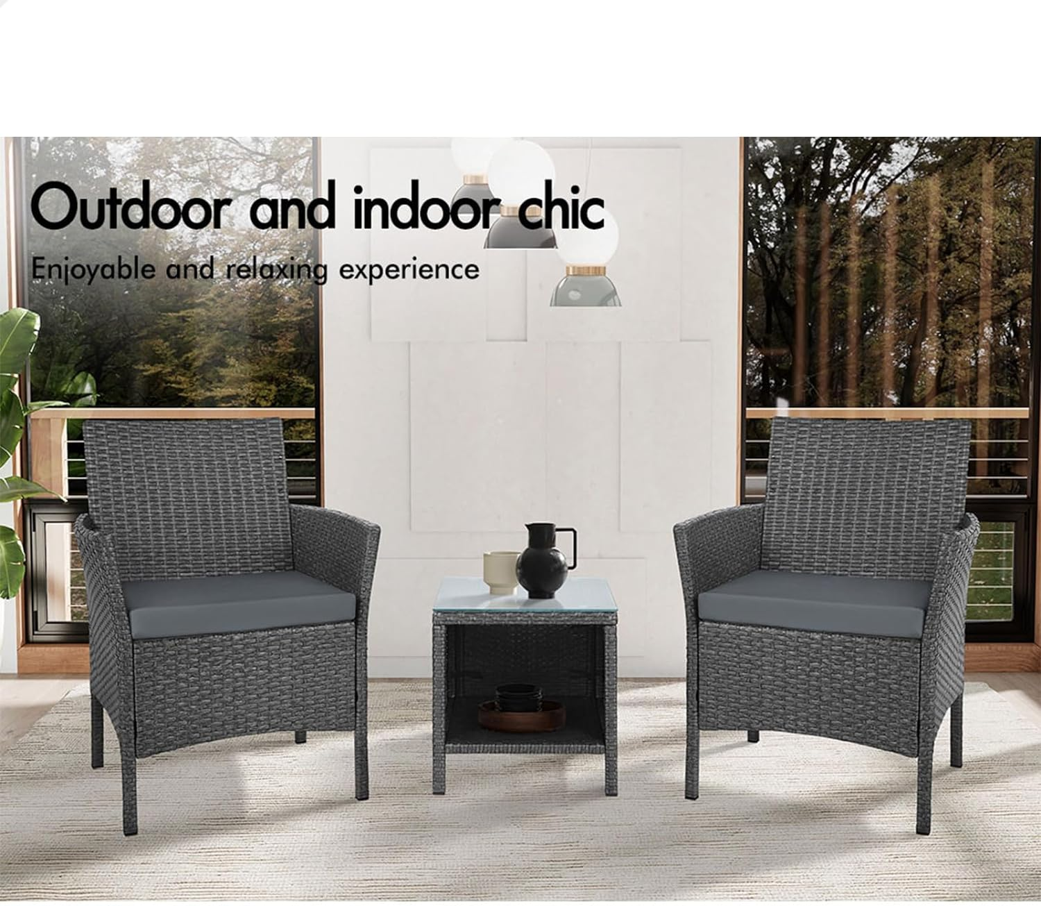 ALFORDSON Outdoor Patio Furniture 3Pcs Conversation Set, Wicker 3 Pieces Lounge Chair & Glass Coffee Table Setting, Steel Frame Garden Rattan Sofa with Cushions, Dark Grey image number 2