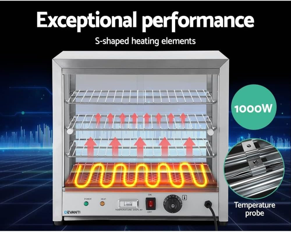 Devanti Food Warmer, 1000W Display Cabinet Commercial Electric Pie Foods Warmers Buffet Showcase Home Kitchen Restaurant Car Appliances Counter Top, with 4 Tier Shelves and Removable Crumb Tray Silver image number 1