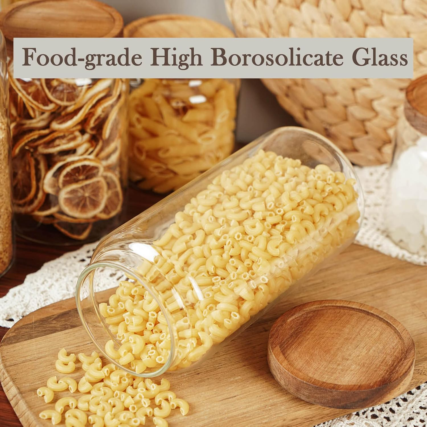 Labina Glass Storage Container Airtight Food Jars Kitchen Canister with Wood Lids, 40 Oz Wide Mouth Pantry Organization Glass Jar for Flour, Sugar, Cookie, Spagetti, Nuts and Candy image number 6