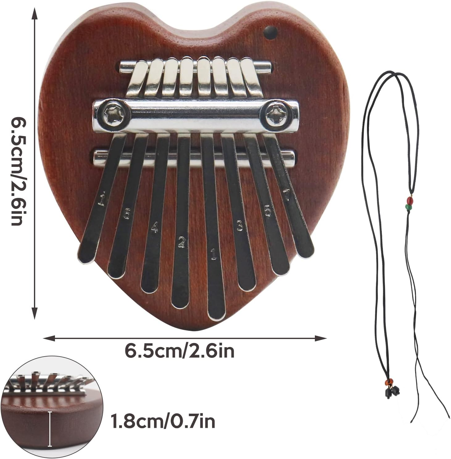 8 Key Mini Kalimba Worthplanet Mini Thumb Piano Portable Wooden Finger Piano with Black Lanyard Musical Instrument for Kids Adult Beginners W150011 (Heart-Shaped)