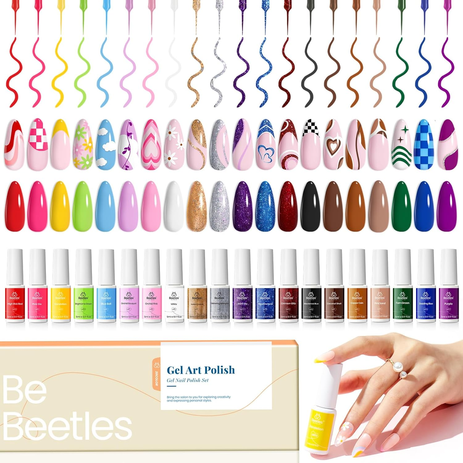 Beetles Gel Polish Gel Polish Nail Art Gel Liner Nail Polish Set 20 Colors Reflective Glitter Gel Polish Pink White Blue Brown Gel Nail Polish Soak off UV Gel Built Thin Nail Brush in Bottle Women image number 2