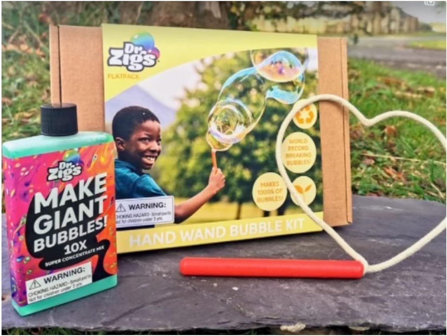 Dr Zigs Eco Giant Bubble Kit- Hand Wand Set - Huge Bubble Making Set, Fun Garden Toys for Kids, Toddlers & Adults, Soap Solution & Booklet Included, Made for Fun Outdoor Party Games image number 1