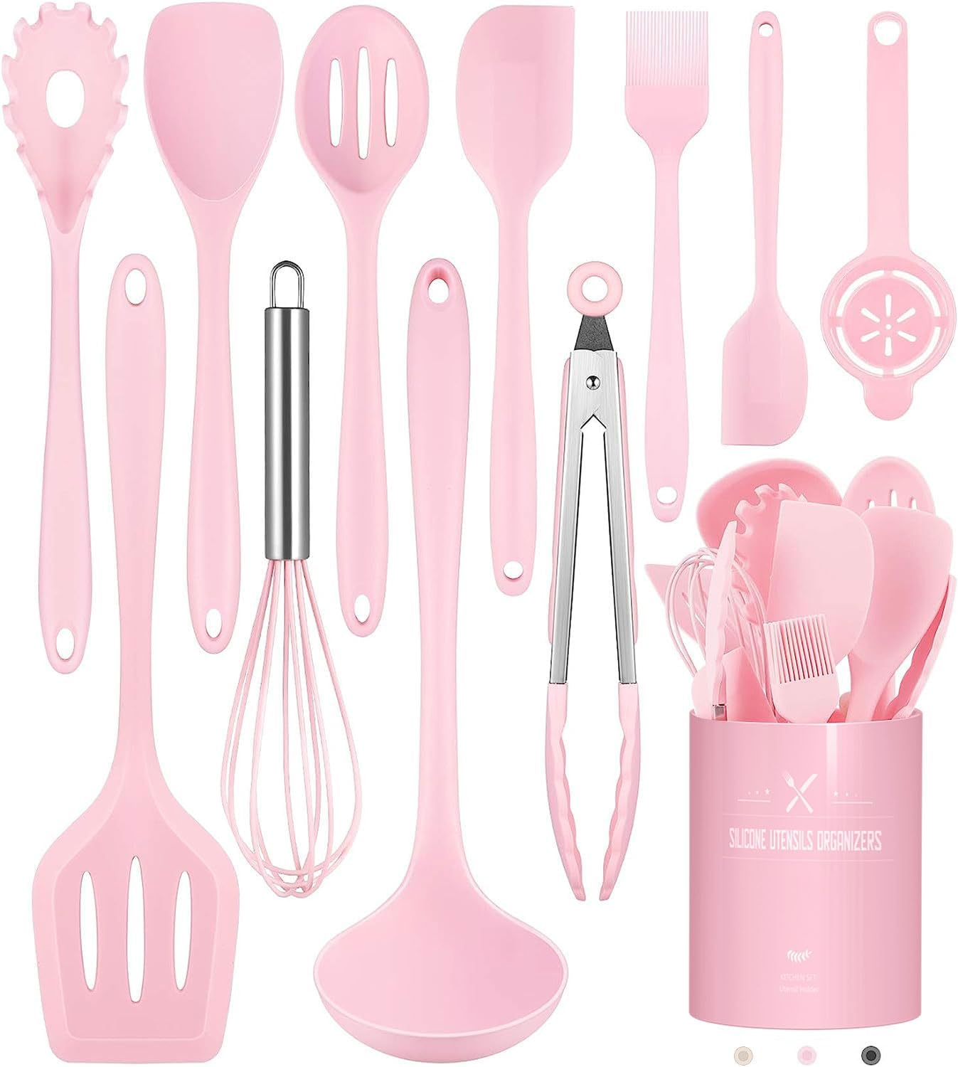Terlulu Silicone Cooking Utensils, 12-Piece Set, Pink, Non-Stick, Dishwasher Safe