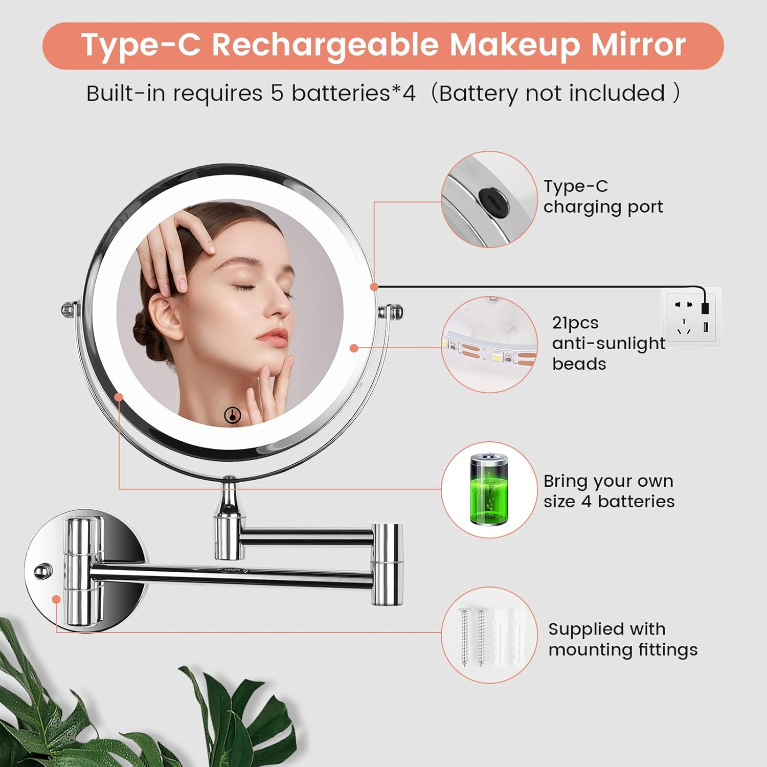 Lighted Makeup Mirror with 21 LED Lights, Wall Mounted Vanity Mirror, 360&deg; Swivel Infinitely Dimmable Double Sided 1X 3X Magnifying Mirror, Battery Powered Cosmetic Mirror for Bedroom Bathroom image number 3