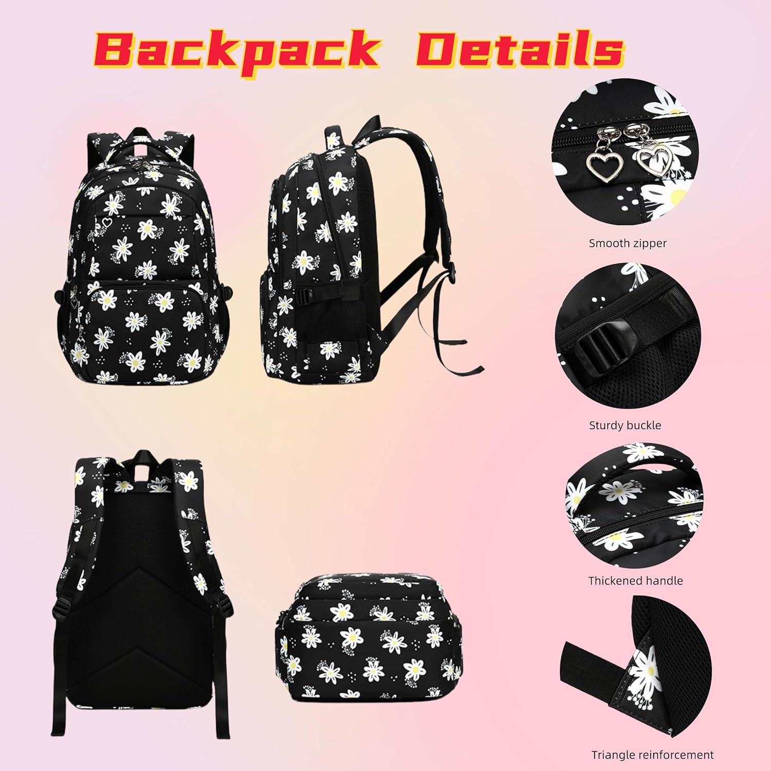 ZHANAO Flower Girls Backpack Set for Middle School Students School Bag for Girls Bag with Lunch Box 3Pcs Bookbag Set - Flower-Grey image number 2