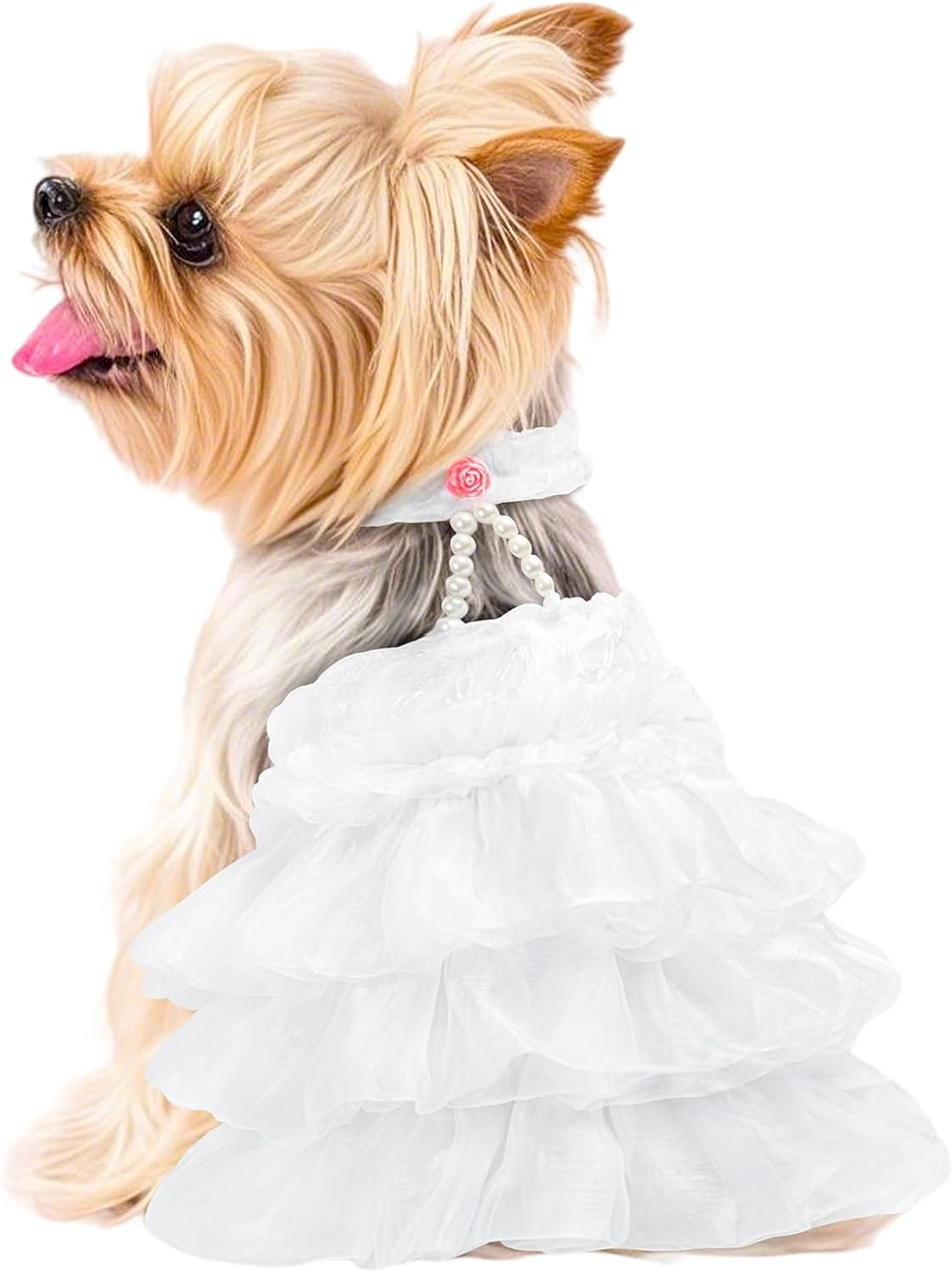WORDERFUL Dog Wedding Dress Bride Outfit Pearl Necklace Rose Pet Princess Formal Apparel Puppy Cat (S) image number 3