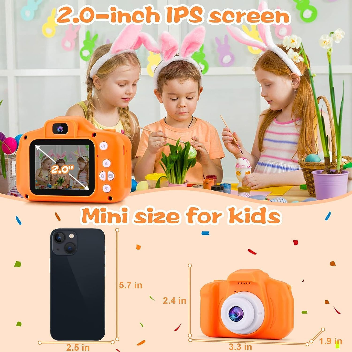 Seckton Kids Selfie Camera, Christmas Birthday Gifts for Girls&Boys Age 3-9, HD Digital Video Cameras for Toddler, Portable Toy for 3 4 5 6 7 8 Year Old Girls&Boys with 32GB SD Card (Orange-Yellow)