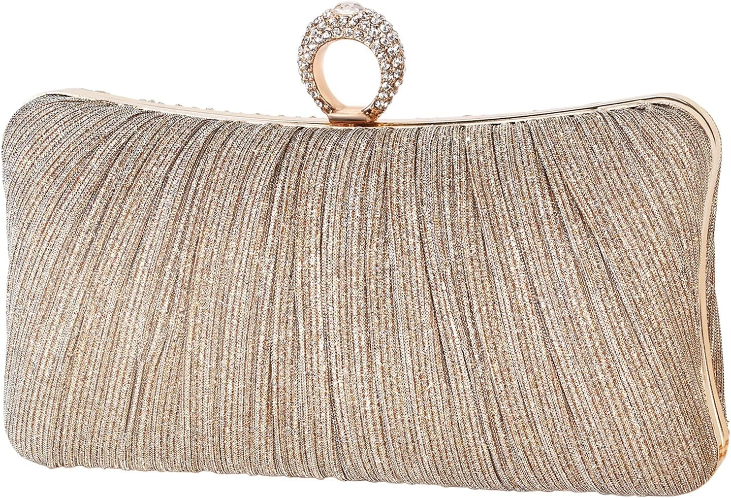 Womens Golden Glitter Clutch Purse Pleated Evening Bag for Bridal Wedding Party with Rhinestone Ring