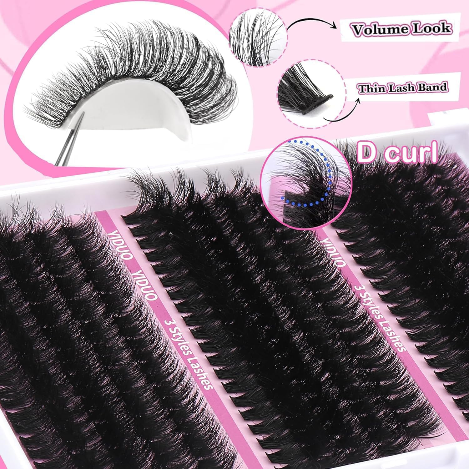 YIDUO Lashes Clusters Kit False Eyelashes Extensions Fluffy D Curl Wispy Individuals Fake Eyelashes, Volume Studio Effect, 255Pcs All-In-1 Pack with Glue |Tweezers |Removers |Eyelash & Eyebrow Brush image number 5