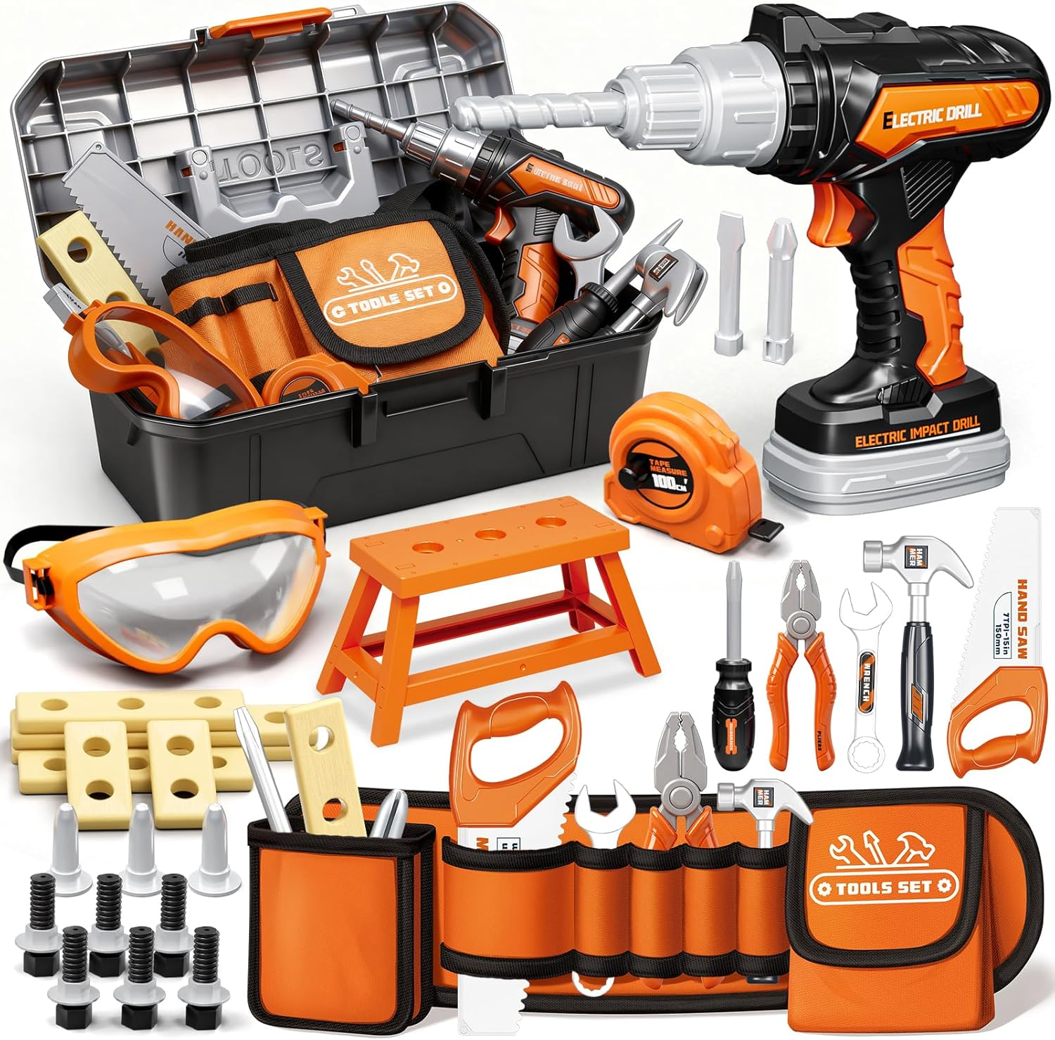 Kidbloom Kids Tool Set with Tool Belt, 50 PCS Tool Box with Drill Toy, Construction Tool Toys, Toys for 3 4 5 Year Old Boys Girls Gifts image number 3