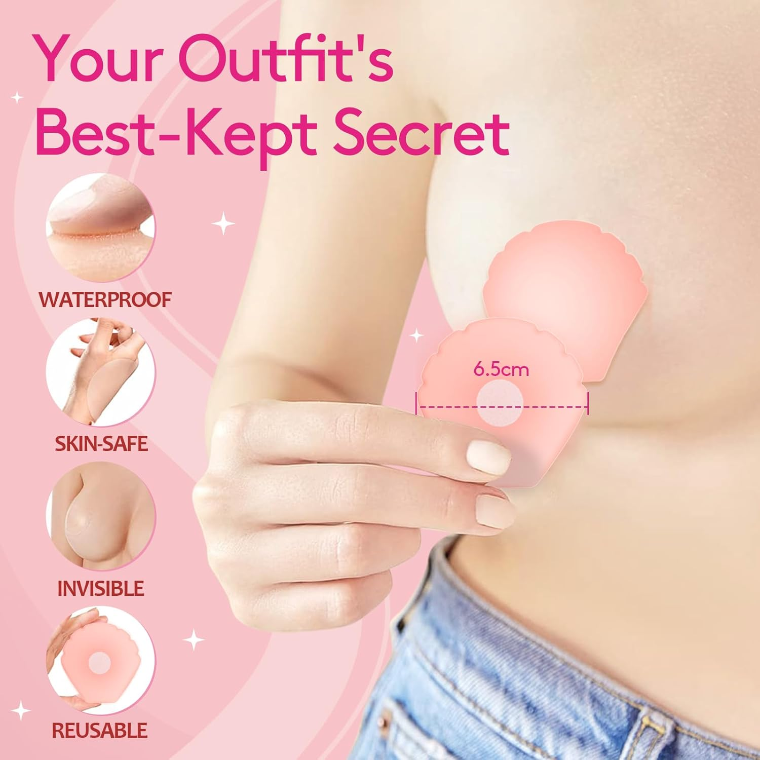 Boob Tape, Boobtapes with 2 Pairs Silicone Reusable Nipple Covers, Boobtape for Large Breast Skin-Friendly Tit Tape, 10 Fashion Tapes With, Adhesive Breast Lift Tape for A-G Cup Beige image number 3