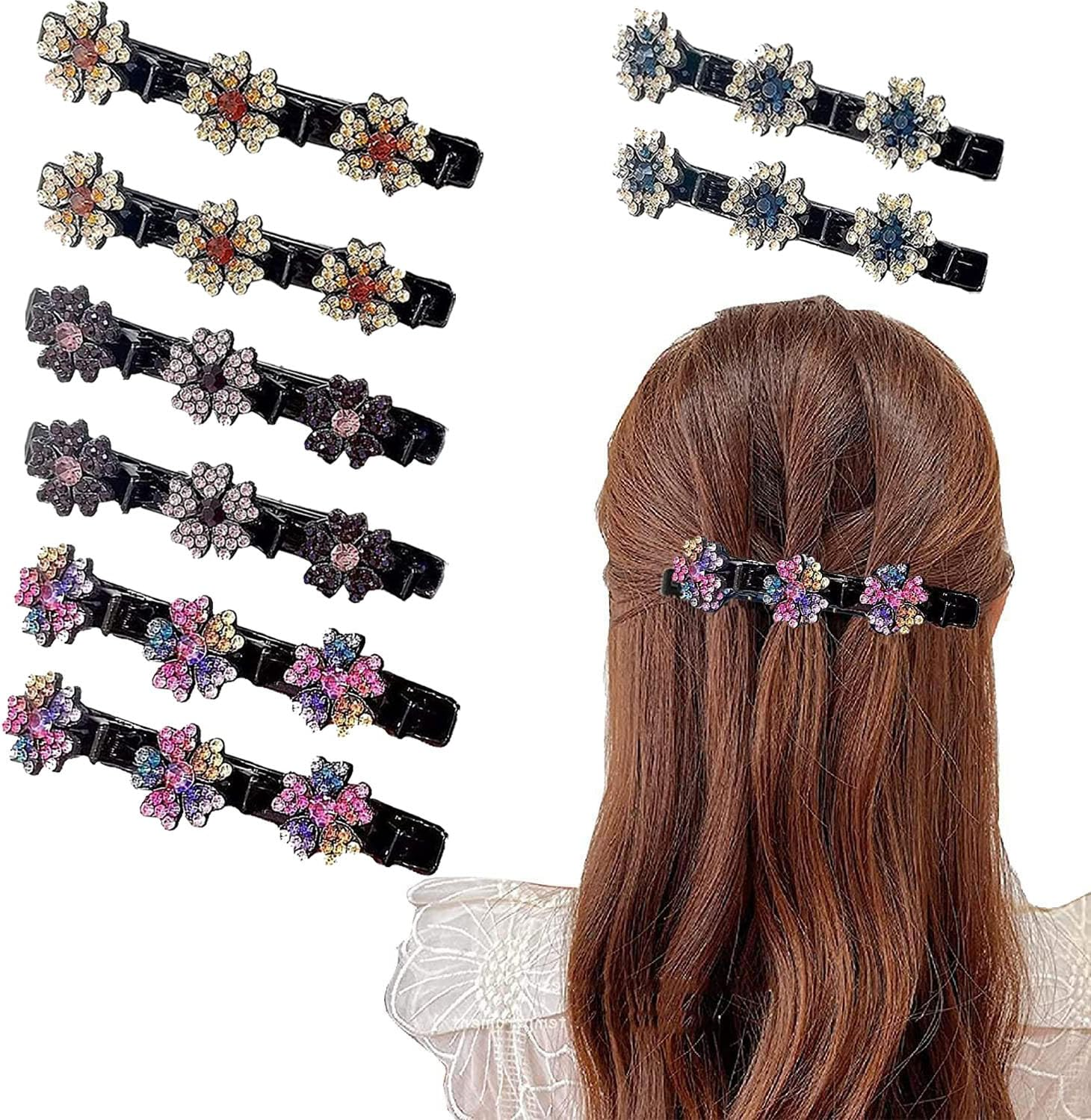 Sparkling Crystal Stone Braided Hair Clips, Elegant Hair Styling Clips, Shiny Rhinestone Hair Clip with 3 Mini Clips, Double Layer Mini Hair Clips for Women and Girls (Pack of 8)