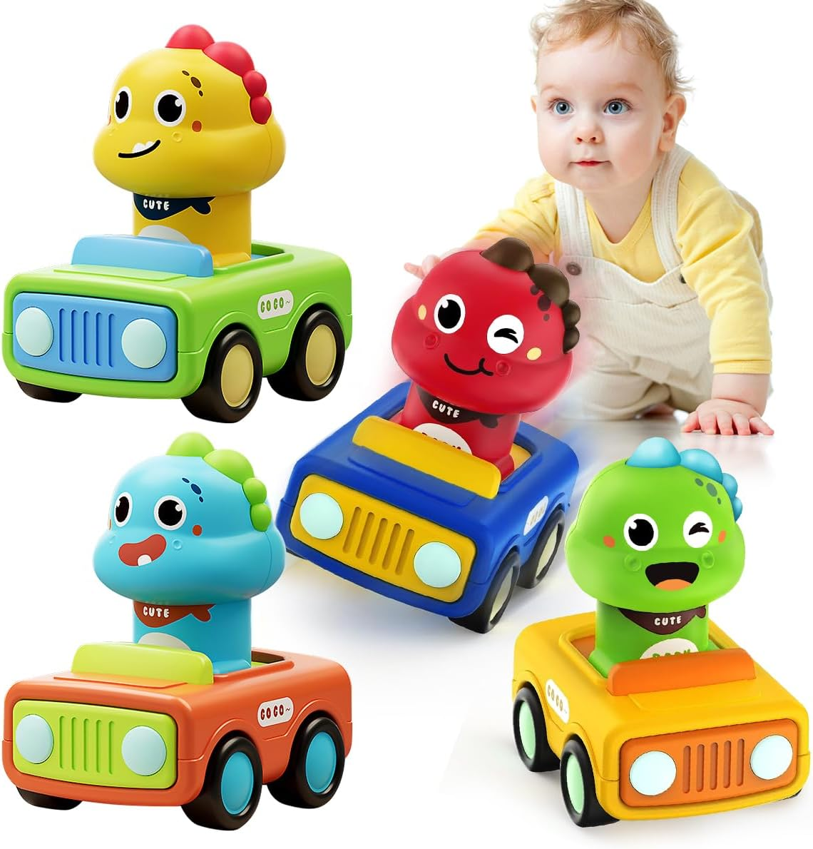 REMOKING Dinosaur Toys for 1 2 Year Old Boys, 4 Pack Baby Press and Go Cars for Toddlers 1-3, First Push Go Friction Play Vehicle Set,1St Birthday Gifts for Boys Girls 12 18 24 Months image number 1