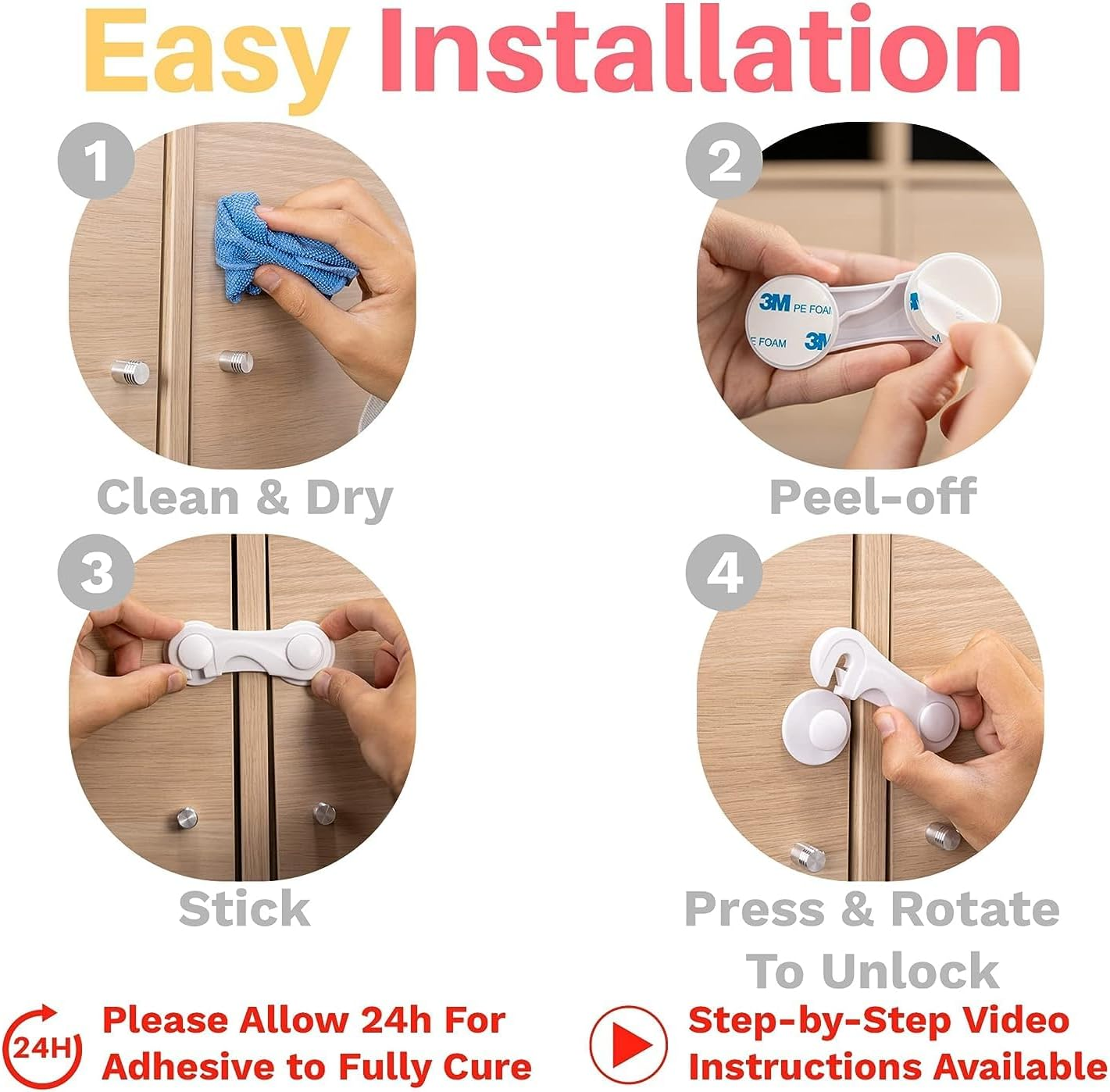 Inaya 6-Pack Child Proof Locks for Cabinet Doors, Pantry, Closet, Wardrobe, Cupboard, Drawers - 3M - No Drilling - Child Safety Locks for Cabinets and Drawers - Baby Proofing Cabinet Lock image number 2