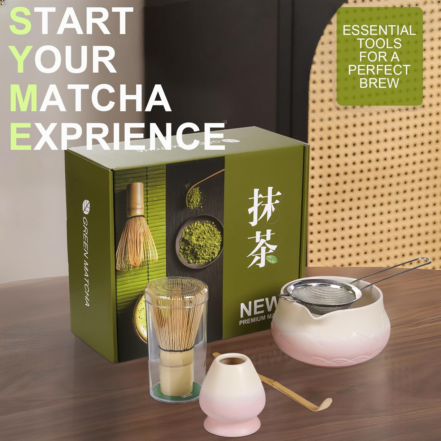 5 Pcs Matcha Whisk Set, Japanese Matcha Set, Ceramic Matcha Bowl with Spout, Matcha Whisk Holder, Bamboo Matcha Whisk, Stainless Sifter, and Scoop for Matcha Tea Ceremony image number 5