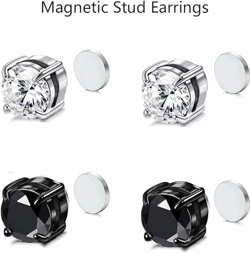 8 Pairs Non-Piercing Earrings Stainless Steel Magnetic Stud Earrings Cross Dangle Hoop Earrings Clip on Earring Set CZ Inlaid for Men Women Fake Gauges Earrings Black Silver image number 3