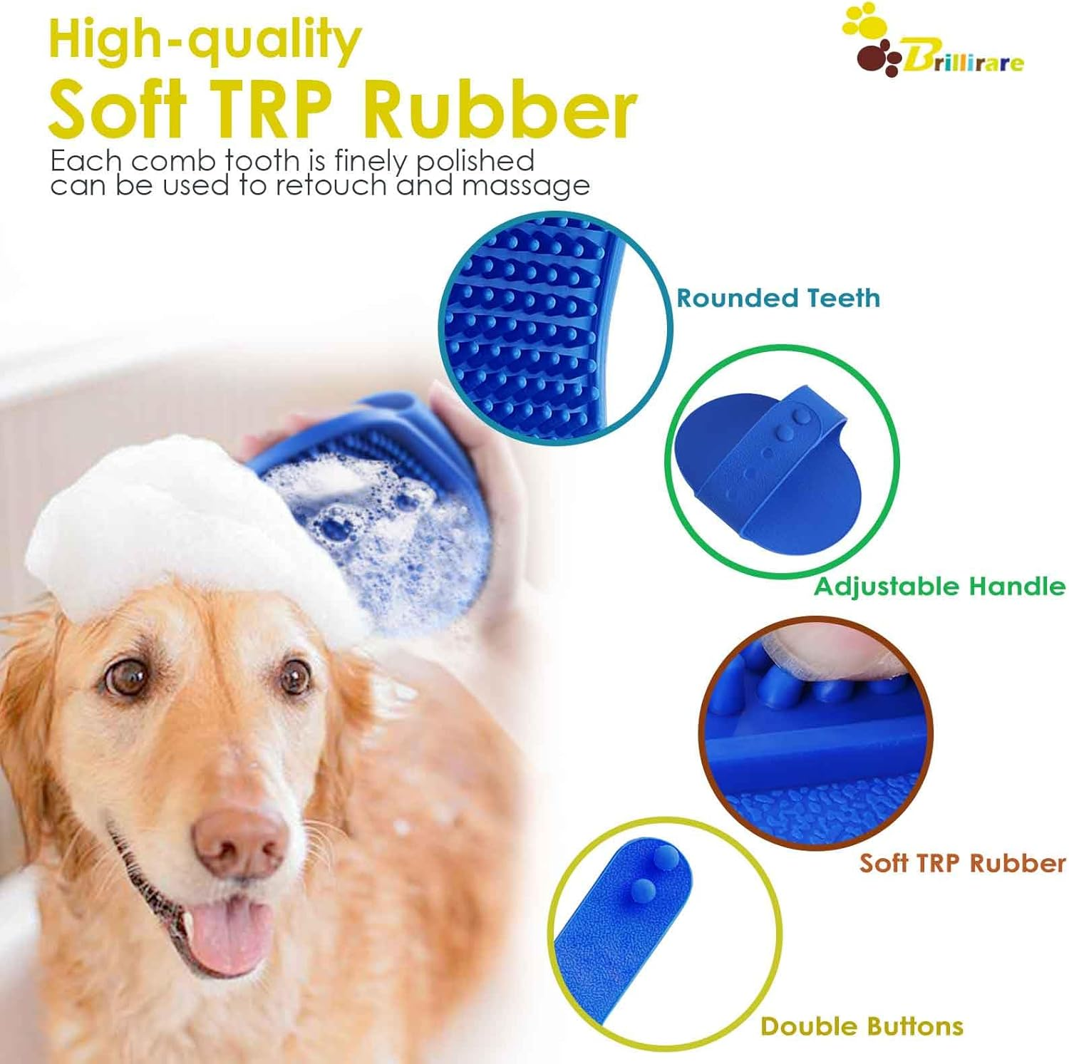 BRILLIRARE 2 Pack Dog Grooming Brush, Premium Soft Silicone Pet Bath Brushes with Adjustable Handle, Shampoo Soothing Comb for Wet Dry Long Short Haired Dogs & Cats Massaging, Deshedding image number 5