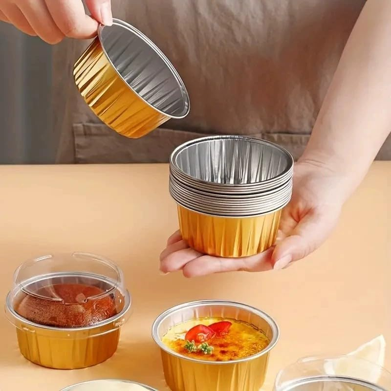 50 Pcs 5Oz Reusable Aluminum Foil Cupcake Baking Cups Mini Dessert Pudding Cups with Lid Oven Safe Baking Containers Perfect(Gold) image number 5