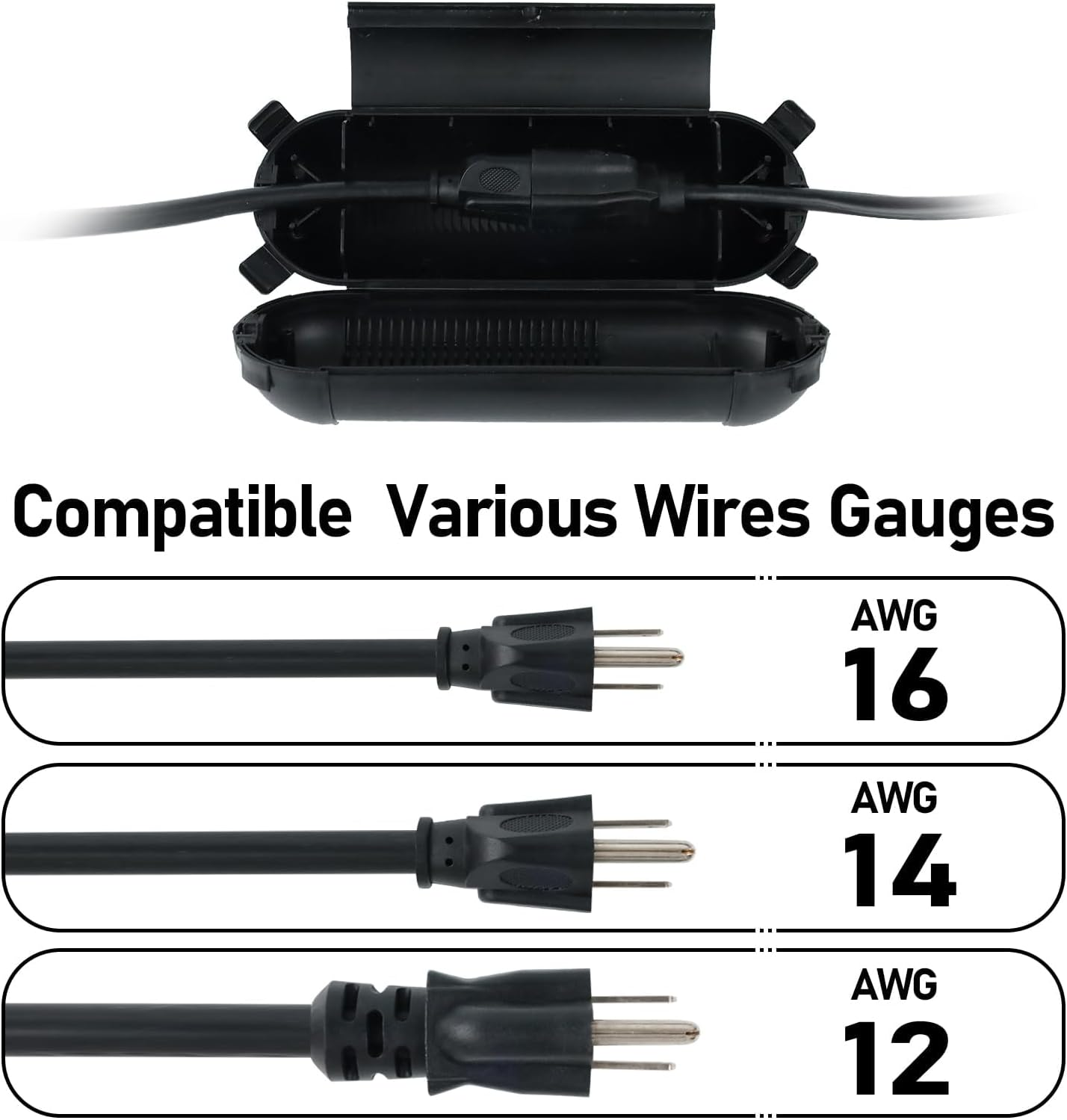 EP 3 Pack Extension Cord Safety Cover - Indoor Outdoor Waterproof Seal Housing for AWG 12/14/16 Cords - Protect Holiday String Lights, Plugs, and Wires - Black image number 6
