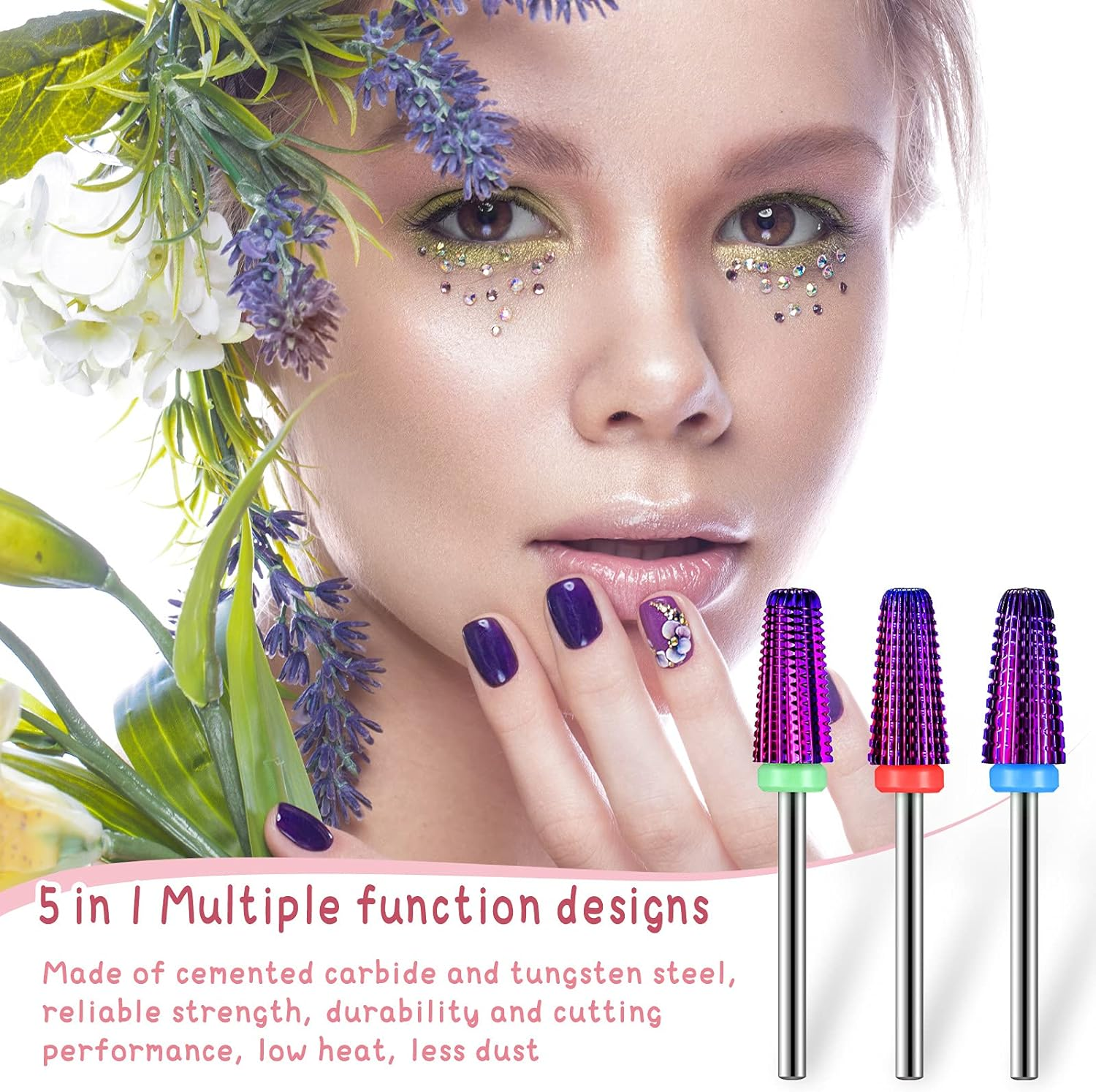 3 Pieces Nail Carbide 5 in 1 Bit, Nail Drill Bits Set-2 Way Rotate Use for Both Left to Right Handed, 3/32 Inch Shank Size Drill Machine for Fast Remove Acrylic or Hard Gel (Purple) image number 6