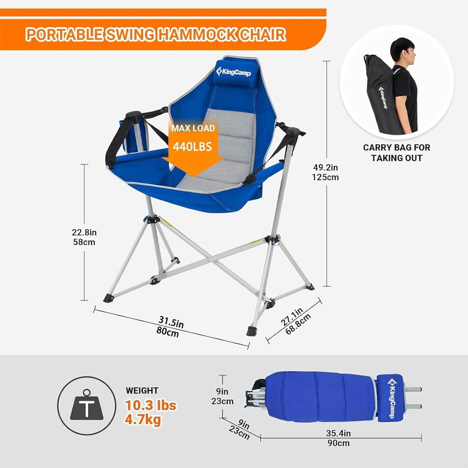 Kingcamp Hammock Camping Chair, Swinging Portable Folding Camp Chairs for Adults Max 440Lbs Heavy Duty Foldable Oversized Rocker with Aluminum Alloy Frame Cup Holder for Outdoor Beach Patio Sport - Blue image number 5