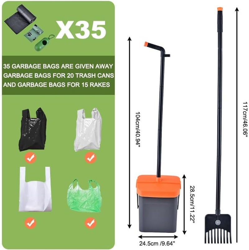 Dog Pooper Scooper Swivel Bin & Rake Kit with 35 Waste Bags 117Cm Long Handle Adjustable Portable Poop Scooper Easy to Clean Pet Waste image number 1