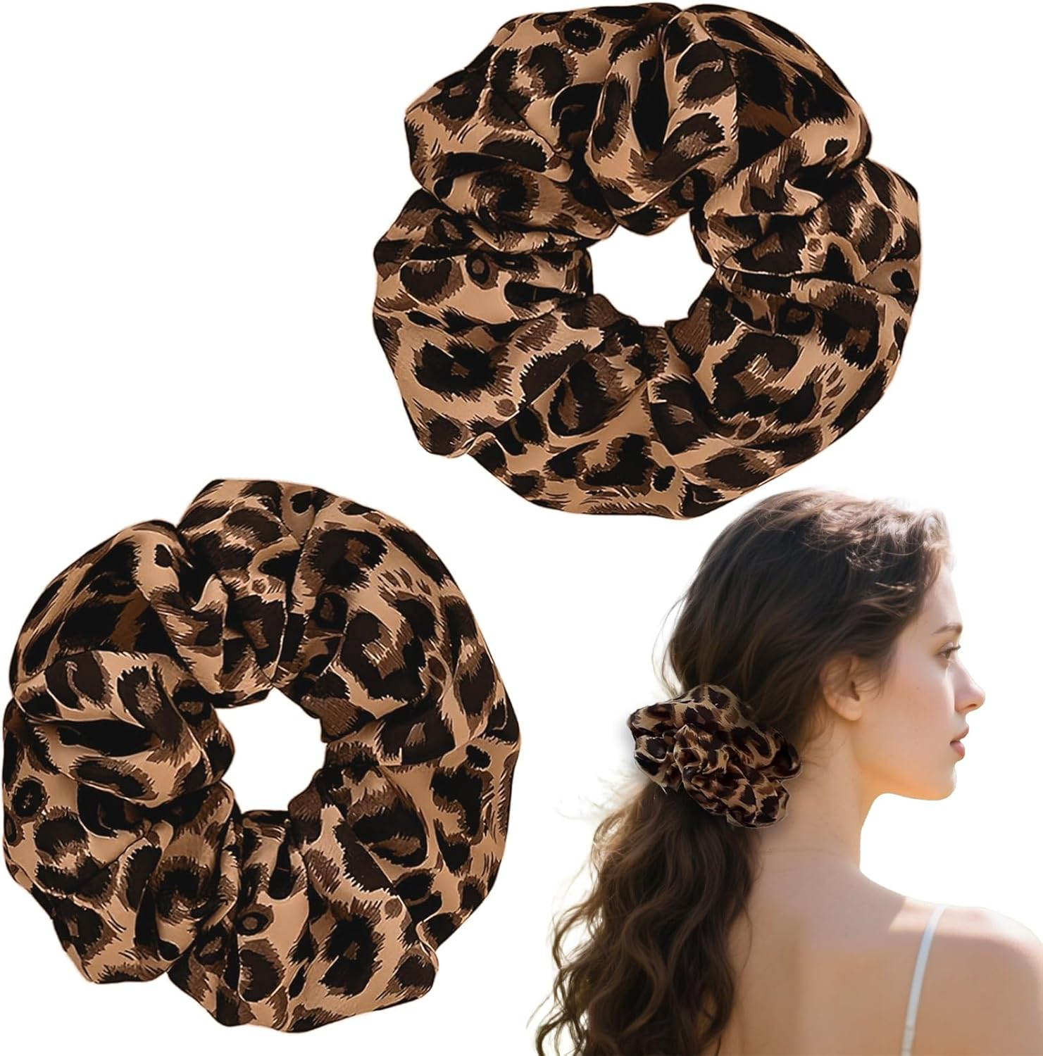 Pack of 2 Brown Leopard Scrunchies, Leopard Print Hair Bobbles for Women, Large Leo Elastic Hair Band, Scrunchies without Hair Breakage, Fabric Hair Bobbles for Girls, Thick Hair and Thin Hair image number 5