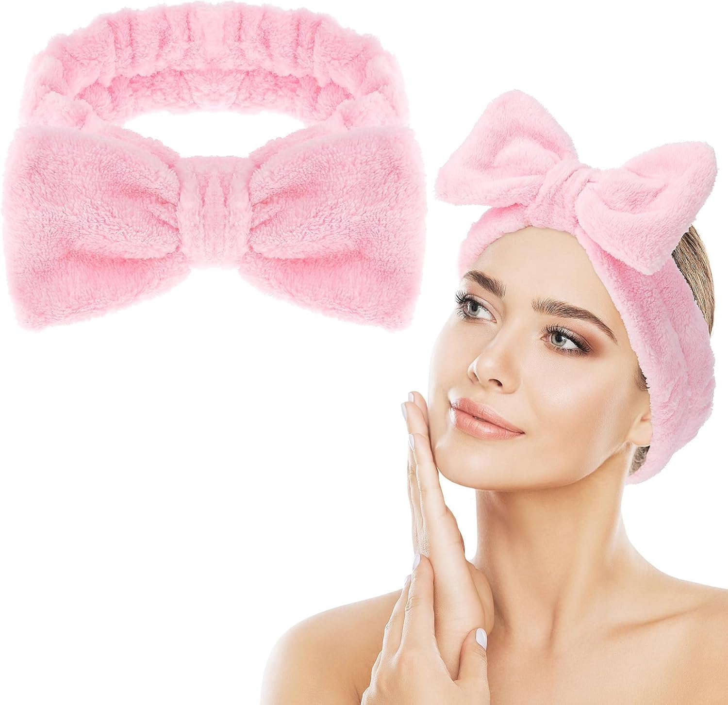 Spa Bowknot Headband Women'S Spa Hair Band Cosmetics, Coral Fleece Makeup Hair Bands Elastic, Cosmetic Headband Wide Brim Coral Fleece Washing Face Head Wrap for Shower Skin Care Sports