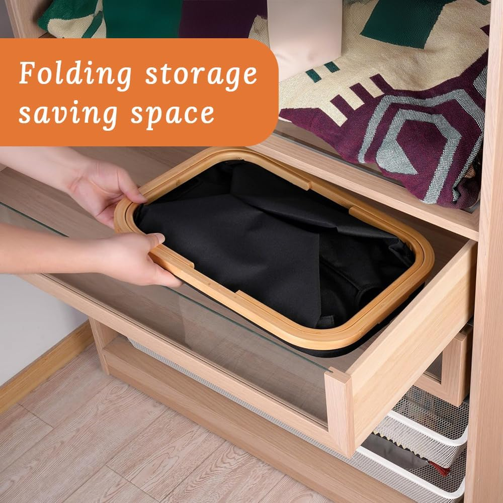 Foldable Laundry Basket with Wooden Handle, Home Dirty Laundry Hamper, Multi-Function Storage Basket for Toys, Blankets and Clothes, Suitable for Living Room, Bathroom, Laundry Room, Etc. (Black) image number 2