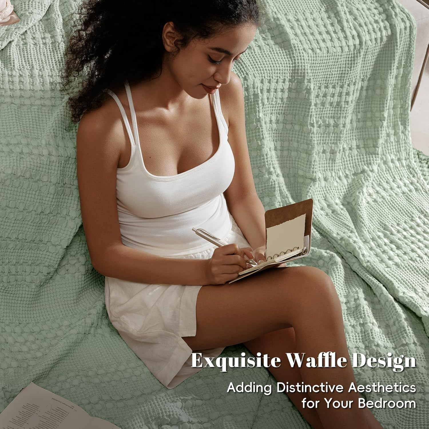 PHF 100% Cotton Waffle Weave Blanket Twin Size, Soft Lightweight Breathable Cozy Summer Blankets for Bed, Luxury Aesthetic Woven Bedding for Home Decor, 66"X90", Sage Green image number 5