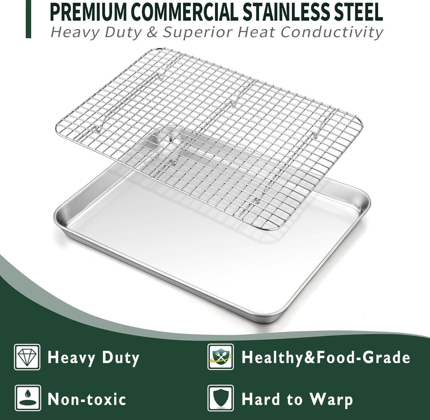 Baking Tray with Rack Set, Stainless Steel Cookie Sheet Baking Sheets with Cooling Rack for Oven, Healthy & Heavy Duty, Sturdy & Dishwasher Safe(2 Pans + 2 Grid Racks) image number 5