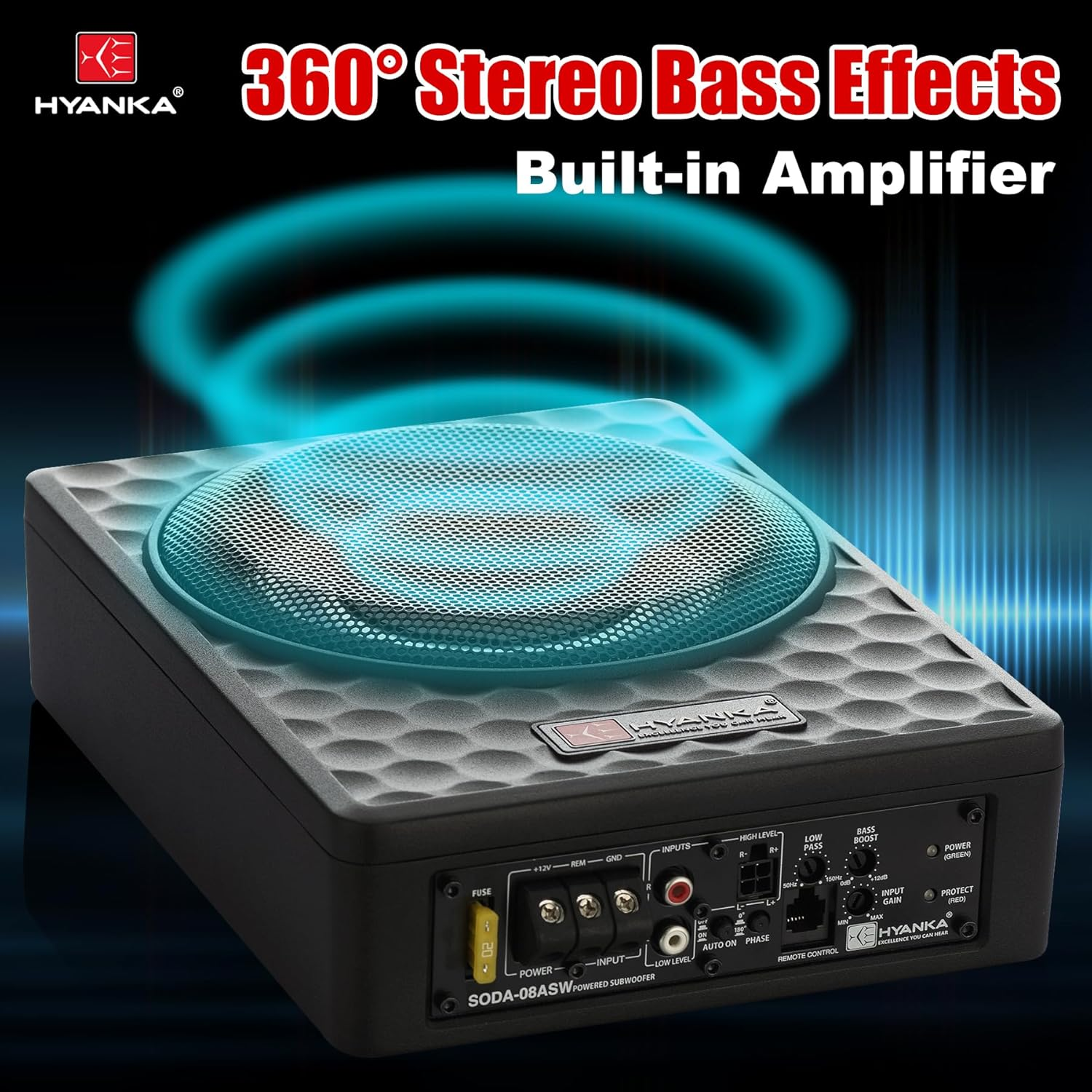 H Yanka SODA-08ASW 400W 8 Inch Compact Underseat Car Subwoofer with Built-In Amp, Slim Powered Subwoofer for Car/Truck/Jeep Audio image number 5