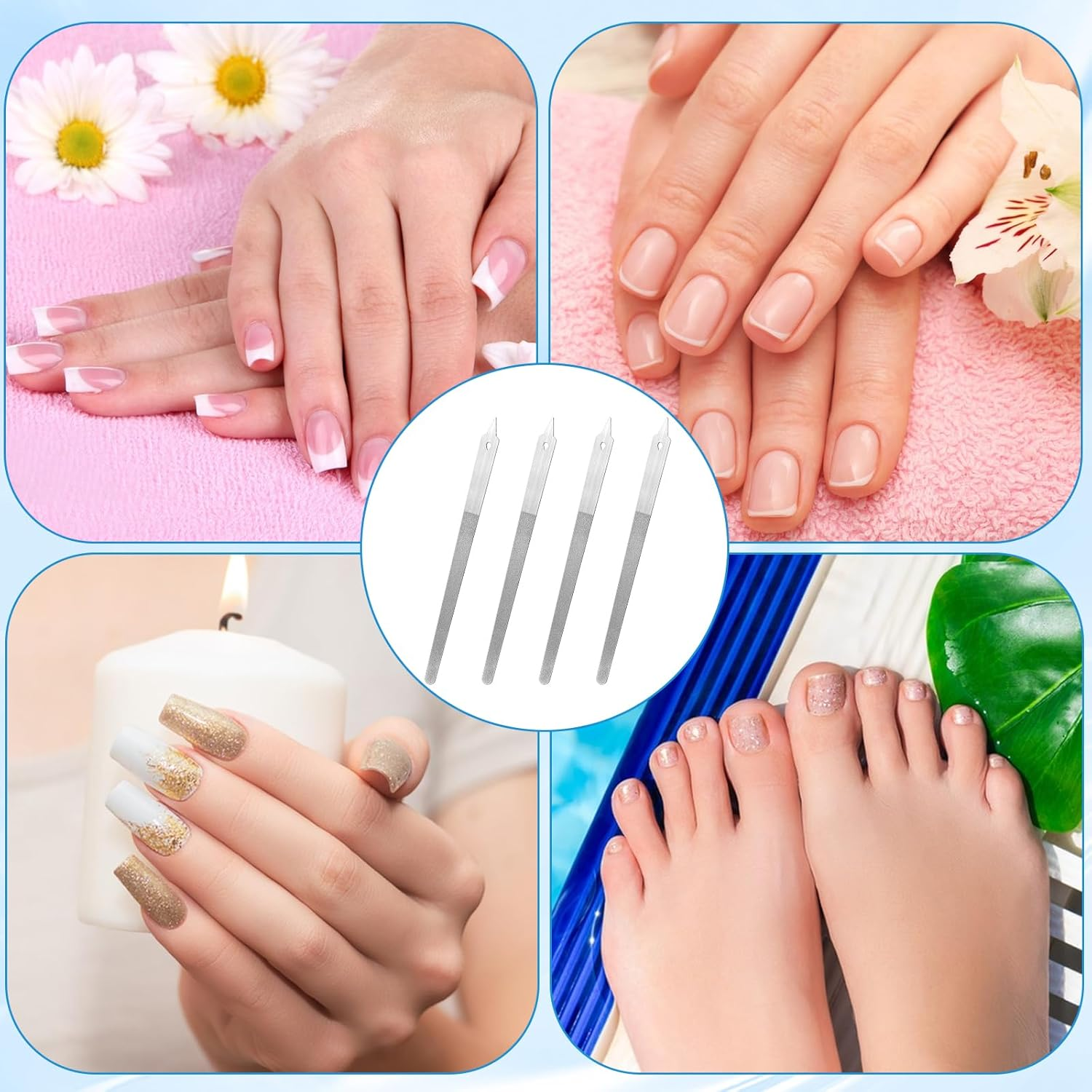 4 Pcs Diamond Deb Nail Files with Sharp Pointed Tip, Double Sided Metal Nails File for Natural Nails, Stainless Steel Nail Dresser Buffering Files Tools for Salon Home Manicure Pedicure