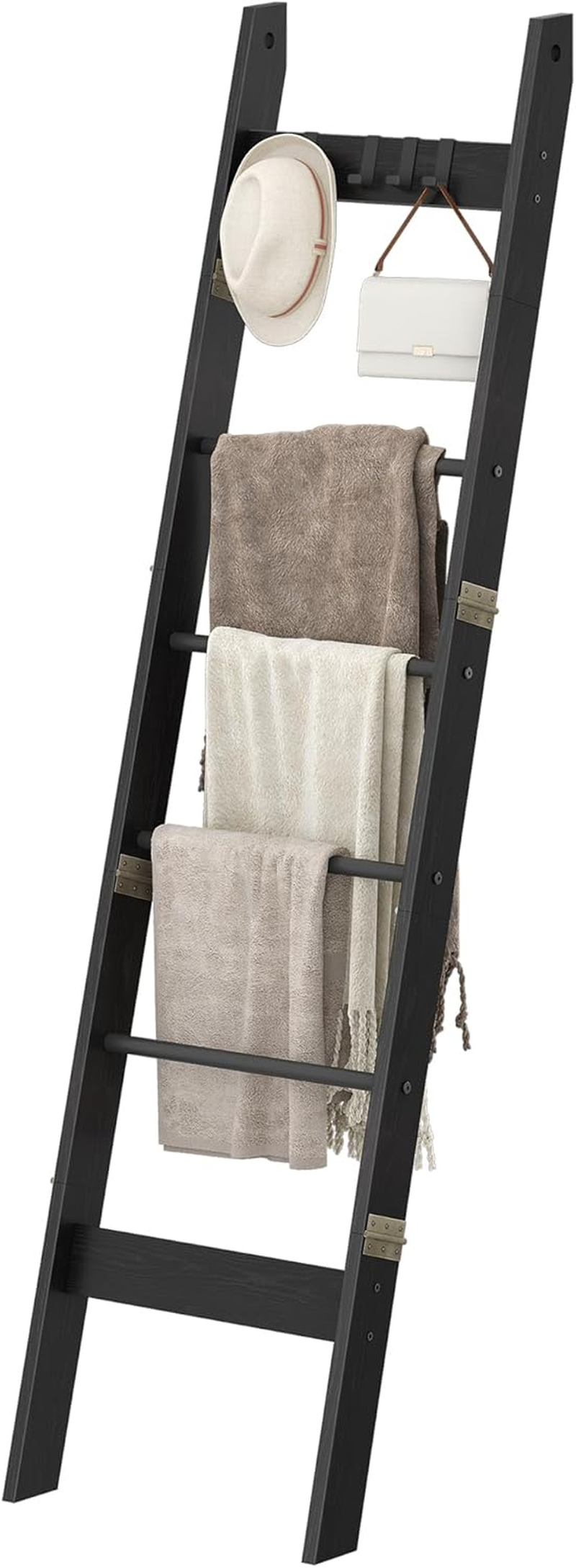 Hzuaneri Blanket Ladder Shelf for Living Room, Decorative Quilt Rack with 4 Removable Hooks, 5-Tier Farmhouse Ladder Holder Organizer for Bedroom, Greige and Black BR02105B