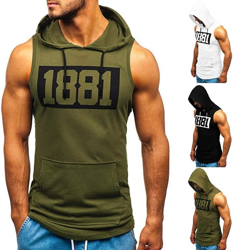 Tank Top Men'S Muscle Shirt Sleeveless Hoodie Muscle Shirt Workout Sports Top Hand Pocket Fitness Drawstring Hooded Vest Top image number 3