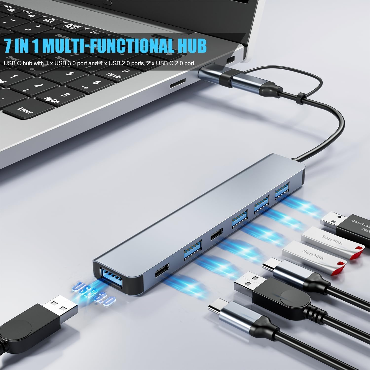 7-In-1 USB C Hub, USB Splitter for Fast Data Transfer Speed, USB-C Hub Compatible with Macbook, Surface, PS4, Xbox and Android Devices, USB C Dock Connect Flash Drives, External Hard Drives, Keyboards image number 5