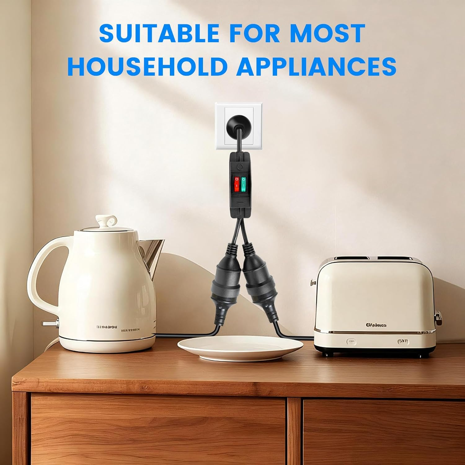 1-To-2 Power Extension Cord, 3 Prong Splitter with On/Off Switch, 34CM Short Extension Cord, Heavy Duty, 10A 2500W Max, AC110-250V image number 3