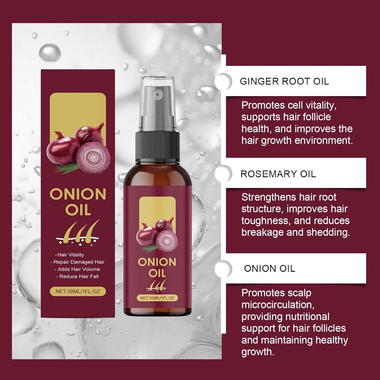 Red Onion Hair Growth Oil Onion Serum Spray: Fast-Absorbing, Non Greasy Formulated, Healthier Hair Enhances Shine, Reduces Hair Fall, Suitable for Dry, Thinning Curly Hair, Scalp for Thicker. (4PCS) image number 4