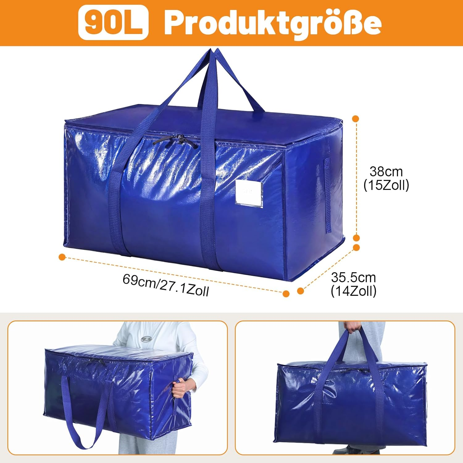 Pack of 6 90L Large Storage Bags with Lid, Foldable Moving Boxes Large with Zip Handle, Clothes Storage, Moving Bags for Moving, Camping, Bed Linen, Clothing Storage, Blue image number 1