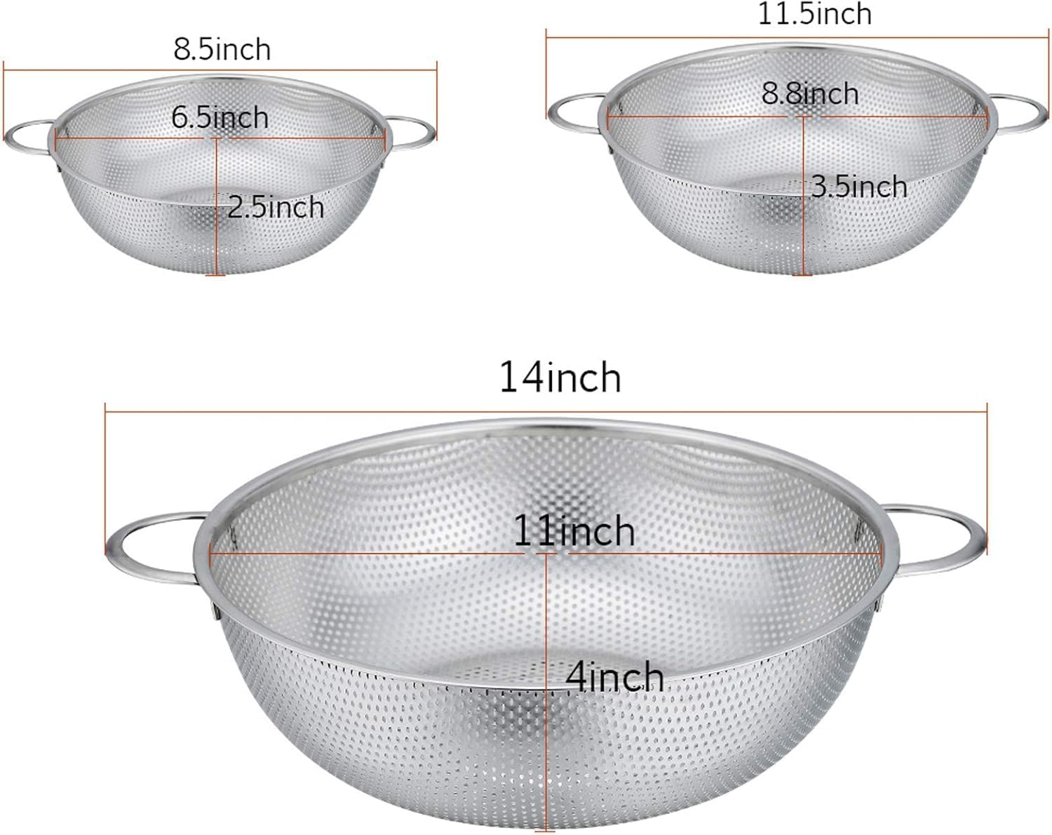 CIVPOWER Colander Set of 3, Stainless Steel Micro-Perforated Colanders Strainers for Draining Rinsing Washing, Ideal for Pasta Vegetables Fruits, Heavy Duty & Dishwasher Safe - 1/3/5 Quart image number 4